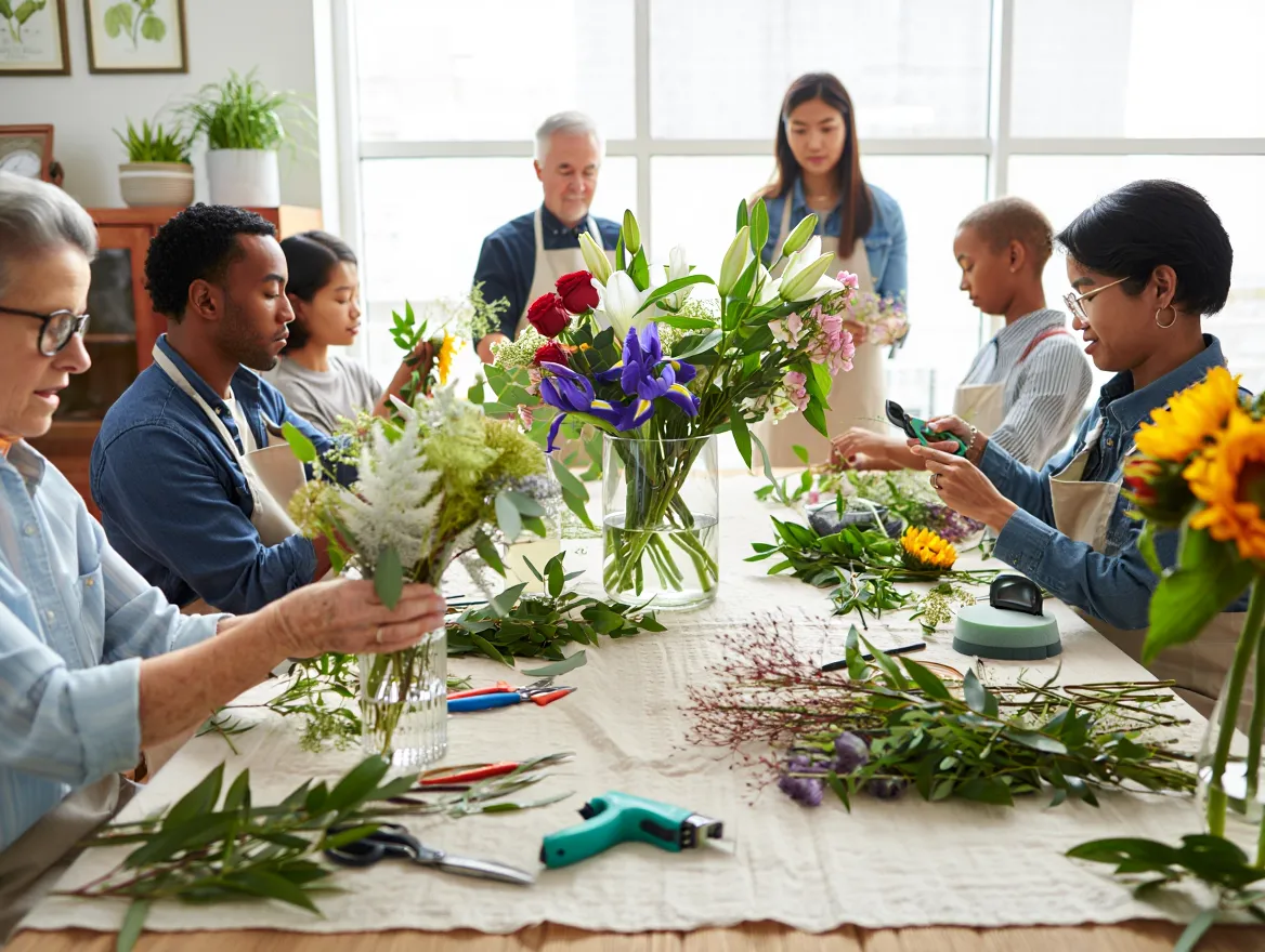 Groepsworkshop bloemschikken in actie